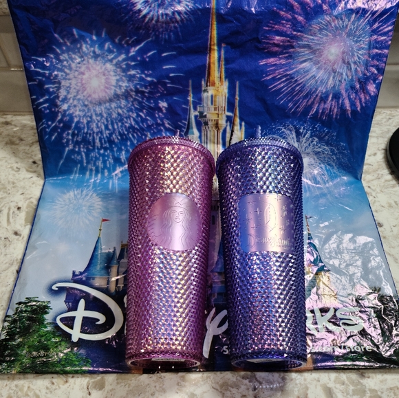 SET of 2 Disney Parks 50th Starbucks Studded Tumbler Cup Pink Blue Iridescent - Picture 2 of 11